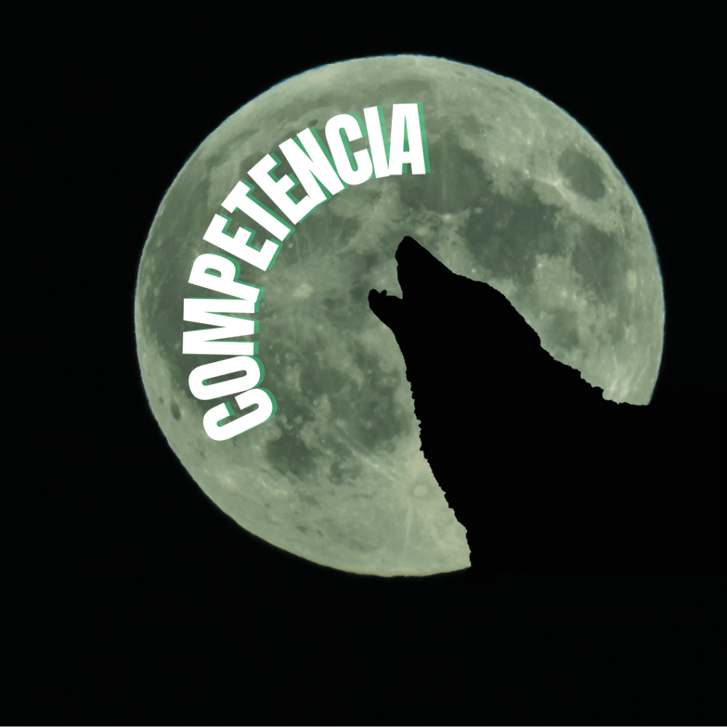 Lobo con luna de fondo y la palabra COMPETENCIA
